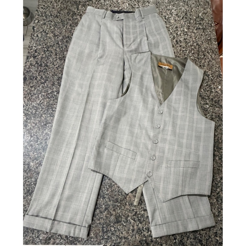 Bertolini Mens Super 140s Wool Silk Blend Vest and Pants Set Grey Plaid 40/34